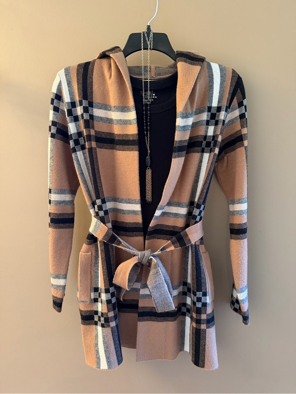 Christian Siriano Tan & Black Plaid Hooded Belted Cardigan